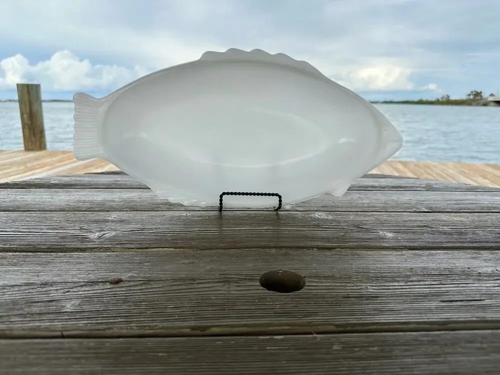 Vintage Milk Glass Fish by Glasbake McKee, Fish Shape Baker, Seafood Dish 18